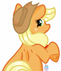 Size: 450x529 | Tagged: safe, artist:rainbow eevee, imported from derpibooru, applejack, pony, animated, cute, female, gif, hat, hooves, looking back, simple background, solo