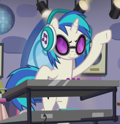 Size: 810x833 | Tagged: safe, imported from derpibooru, screencap, dj pon-3, vinyl scratch, pony, slice of life (episode), bipedal, confident, cropped, female, headphones, mare, smiling, solo, turntable