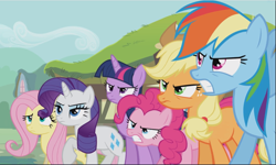 Size: 1573x942 | Tagged: safe, imported from derpibooru, screencap, applejack, fluttershy, pinkie pie, rainbow dash, rarity, twilight sparkle, alicorn, earth pony, pegasus, pony, unicorn, slice of life (episode), cropped, determined, female, gritted teeth, group, mane six, mare, narrowed eyes, raised hoof, twilight sparkle (alicorn)