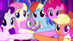 Size: 1280x720 | Tagged: safe, edit, edited screencap, imported from derpibooru, screencap, applejack, fluttershy, pinkie pie, rainbow dash, rarity, spike, dragon, season 9, spoiler:s09, absurd file size, animated, applejack's hat, canterlot throne room, cowboy hat, hat, looking at you, sound, webm, winged spike, wings