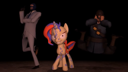 Size: 1334x750 | Tagged: safe, artist:theinvertedshadow, artist:tishadster, imported from derpibooru, sunset shimmer, pony, 3d, doppelganger (tf2 freak), gmod, painis vagicake, painset shimmercakes, soldier, spy, team fortress 2