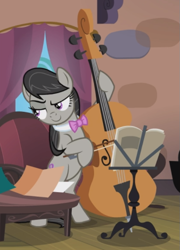 Size: 525x729 | Tagged: safe, imported from derpibooru, screencap, octavia melody, pony, slice of life (episode), bipedal, cello, confident, cropped, female, mare, musical instrument, playing instrument, raised eyebrow, smiling, smirk, smug, solo