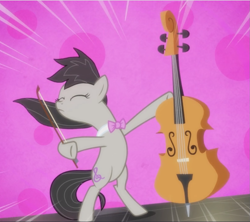 Size: 1057x940 | Tagged: safe, imported from derpibooru, screencap, octavia melody, pony, slice of life (episode), bipedal, bow (instrument), cello, cropped, eyes closed, female, mare, musical instrument, solo, windswept mane