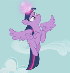 Size: 881x912 | Tagged: safe, imported from derpibooru, screencap, twilight sparkle, alicorn, pony, slice of life (episode), cropped, female, flying, glowing horn, mare, solo, spread wings, twilight sparkle (alicorn), wings