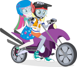 Size: 5470x4756 | Tagged: safe, artist:punzil504, imported from derpibooru, blossomforth, derpy hooves, equestria girls, equestria girls series, fomo, spoiler:eqg series (season 2), absurd resolution, clothes, clothes swap, converse, equestria girls-ified, freckles, helmet, motorcross, motorcycle, shoes, shorts, simple background, skirt, smiling, socks, transparent background, vector