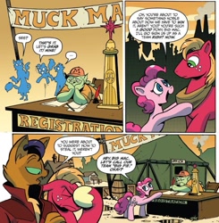 Size: 821x838 | Tagged: safe, artist:andypriceart, idw, imported from derpibooru, big macintosh, capper dapperpaws, pinkie pie, abyssinian, earth pony, pony, my little pony: the movie, spoiler:comic, spoiler:comic76, chest fluff, comic, facehoof, female, klugetown, male, mare, official comic, speech bubble, stallion, trophy