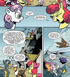 Size: 836x911 | Tagged: safe, artist:andypriceart, idw, imported from derpibooru, apple bloom, scootaloo, sweetie belle, zecora, earth pony, griffon, pegasus, pony, unicorn, spoiler:comic, spoiler:comic76, airship, comic, cutie mark crusaders, female, filly, flying, foal, griffonstone, official comic, ponies riding griffons, riding, speech bubble