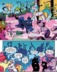 Size: 845x1066 | Tagged: safe, artist:andypriceart, idw, imported from derpibooru, apple bloom, capper dapperpaws, cosmos (character), pinkie pie, princess celestia, princess luna, scootaloo, sweetie belle, twilight sparkle, alicorn, earth pony, pegasus, pony, unicorn, my little pony: the movie, spoiler:comic, spoiler:comic76, chaos, comic, corrupted celestia, corrupted twilight sparkle, cosmos, cutie mark crusaders, female, filly, foal, mare, official comic, possessed, possesstia, speech bubble, twilight sparkle (alicorn)