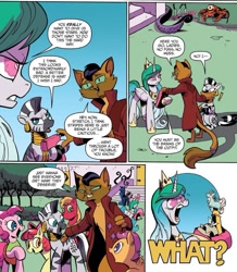 Size: 849x973 | Tagged: safe, artist:andypriceart, idw, imported from derpibooru, apple bloom, big macintosh, capper dapperpaws, cosmos (character), princess celestia, scootaloo, sweetie belle, zecora, abyssinian, anthro, digitigrade anthro, earth pony, pegasus, pony, zebra, my little pony: the movie, spoiler:comic, spoiler:comic76, anthro with ponies, chest fluff, clothes, coat, comic, corrupted celestia, cosmos, cutie mark crusaders, female, filly, foal, male, mare, official comic, possessed, possesstia, sleight of hand, speech bubble, thimble