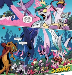Size: 848x886 | Tagged: safe, artist:andypriceart, idw, imported from derpibooru, apple bloom, big macintosh, capper dapperpaws, cosmos (character), pinkie pie, princess celestia, princess luna, scootaloo, sweetie belle, twilight sparkle, zecora, abyssinian, alicorn, digitigrade anthro, earth pony, pegasus, pony, unicorn, zebra, my little pony: the movie, spoiler:comic, spoiler:comic76, abyssinians doing cat things, angry, chest fluff, comic, corrupted celestia, corrupted twilight sparkle, cosmos, cutie mark crusaders, faic, fangs, female, fight, filly, foal, hissing, hoers, mare, nightmare face, official comic, possessed, possesstia, sombra eyes, sound effects, speech bubble, tentacles, the nightmare before christmas, twilight sparkle (alicorn), vine