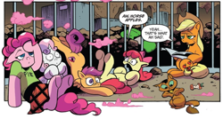 Size: 800x428 | Tagged: safe, artist:andypriceart, idw, imported from derpibooru, apple bloom, applejack, capper dapperpaws, pinkie pie, scootaloo, sweetie belle, cat, earth pony, pegasus, pony, unicorn, my little pony: the movie, spoiler:comic, spoiler:comic76, apple, apple core, ass up, butt, butt tail, clothes, cutie mark crusaders, female, filly, foal, food, hoof on head, horse apples, i've seen some shit, jail, kilt, legs in air, male, mare, mismatched eyes, official comic, plot, shrunken pupils, sitting, speech bubble, underhoof, younger