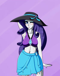 Size: 2000x2500 | Tagged: safe, artist:albertbm, imported from derpibooru, rarity, equestria girls, equestria girls series, forgotten friendship, arm behind head, armpits, belly button, clothes, female, hat, looking at you, midriff, one eye closed, open mouth, sarong, solo, sun hat, swimsuit, wink