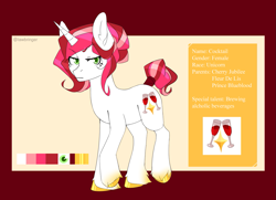 Size: 1261x913 | Tagged: safe, artist:gr0ttie, imported from derpibooru, oc, oc only, oc:cocktail, pony, unicorn, colored hooves, female, mare, offspring, parent:cherry jubilee, parent:fleur-de-lis, parent:prince blueblood, parents:bluebilee, reference sheet, solo, sperm donor, unshorn fetlocks