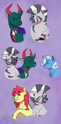 Size: 2000x4026 | Tagged: safe, artist:elf-hollow, artist:geisharozu, imported from derpibooru, apple bloom, pharynx, trixie, zecora, changedling, changeling, pony, colored sketch, female, male, prince pharynx, shipping, sketch, sketch dump, straight, zecorynx