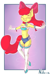 Size: 809x1200 | Tagged: safe, artist:neko-me, imported from derpibooru, apple bloom, anthro, earth pony, unguligrade anthro, apple bloomers, abstract background, armpits, balancing, bandeau, belly button, bow, breasts, busty apple bloom, clothes, eyes closed, female, gloves, hair bow, long gloves, midriff, older, shorts, solo, stockings, thigh highs