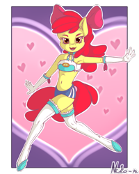 Size: 901x1125 | Tagged: safe, artist:neko-me, imported from derpibooru, apple bloom, anthro, earth pony, unguligrade anthro, apple bloomers, abstract background, action pose, armpits, bandeau, belly button, bow, breasts, busty apple bloom, clothes, female, gloves, hair bow, heart, long gloves, looking at you, midriff, older, open mouth, shorts, solo, stockings, thigh highs