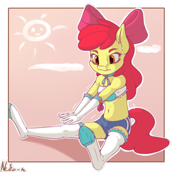 Size: 1200x1200 | Tagged: safe, artist:neko-me, imported from derpibooru, apple bloom, anthro, earth pony, unguligrade anthro, apple bloomers, bandeau, belly button, bow, breasts, busty apple bloom, clothes, female, gloves, hair bow, long gloves, midriff, older, shorts, solo, stockings, stretching, thigh highs, underhoof