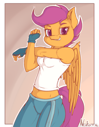 Size: 937x1200 | Tagged: safe, artist:neko-me, imported from derpibooru, scootaloo, anthro, pegasus, apple bloomers, abstract background, belly button, breasts, busty scootaloo, clothes, female, fingerless gloves, fit, gloves, grin, looking at you, midriff, older, pants, shirt, smiling, solo, stretching, tanktop