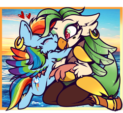 Size: 542x499 | Tagged: safe, artist:esmeia, imported from derpibooru, captain celaeno, rainbow dash, pegasus, pony, my little pony: the movie, celaenodash, cute, dashabetes, ear piercing, earring, eyes closed, eyeshadow, female, heart, hug, jewelry, lesbian, makeup, mare, open mouth, piercing, shipping, smiling