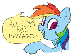 Size: 1218x935 | Tagged: safe, artist:spushii, imported from derpibooru, rainbow dash, pegasus, pony, acab, anarchism, cops, female, half body, harsher in hindsight, insult, looking at something, looking at you, mare, mouthpiece, off topic in the comments, op has a point, op started shit, open mouth, politics, raised hoof, simple background, smiling, solo, speech bubble, text, white background