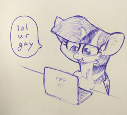 Size: 2000x1810 | Tagged: safe, anonymous artist, imported from derpibooru, twilight sparkle, alicorn, pony, /mlp/, :t, chibi, computer, cute, dexterous hooves, dialogue, ear fluff, female, laptop computer, lol, mare, open mouth, pomf, pone, shitposting, sitting, smiling, solo, speech bubble, traditional art, twiabetes, twilight sparkle (alicorn), ur gay, vulgar, wat