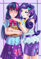 Size: 1681x2378 | Tagged: safe, artist:meielf, imported from derpibooru, kotobukiya, rarity, twilight sparkle, human, book, clothes, duo, equestria girls outfit, female, glasses, humanized, kotobukiya rarity, lesbian, nail polish, rarilight, shipping, skirt