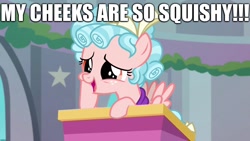 Size: 1920x1080 | Tagged: safe, edit, edited screencap, imported from derpibooru, screencap, cozy glow, pegasus, pony, school raze, caption, cheeks, excessive exclamation marks, female, filly, image macro, squishy cheeks, text