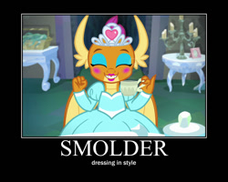 Size: 750x600 | Tagged: safe, imported from derpibooru, smolder, what lies beneath, clothes, cup, cute, dress, lipstick, makeup, motivational poster, princess smolder, rouge, smolder also dresses in style, smolderbetes, teacup