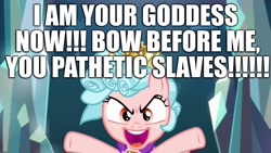 Size: 1920x1080 | Tagged: safe, edit, edited screencap, imported from derpibooru, screencap, cozy glow, pegasus, pony, school raze, caption, excessive exclamation marks, female, filly, goddess, image macro, text