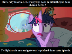 Size: 640x480 | Tagged: safe, edit, edited screencap, imported from derpibooru, screencap, twilight sparkle, lesson zero, clock, french, golden oaks library, insanity, messy mane, pun, sanity slippage, text, translated in the description, twilight snapple