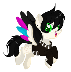 Size: 888x900 | Tagged: safe, artist:mintoria, artist:space--paws0w0, imported from derpibooru, oc, oc only, oc:ruby record, pegasus, pony, blank flank, clothes, colored wings, ear piercing, earring, fangs, female, flying, hoodie, jewelry, mare, movie accurate, multicolored wings, open mouth, piercing, raised hoof, scar, simple background, solo, sweater, transparent background