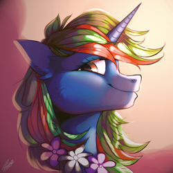 Size: 1000x1000 | Tagged: safe, artist:orfartina, imported from derpibooru, oc, oc only, oc:wander bliss, pony, unicorn, commission, female, mare, signature, smiling, solo, ych result