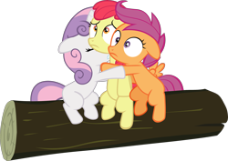 Size: 3759x2656 | Tagged: safe, artist:frownfactory, imported from derpibooru, apple bloom, scootaloo, sweetie belle, earth pony, pegasus, pony, unicorn, sleepless in ponyville, .svg available, cutie mark crusaders, eyes closed, female, filly, floppy ears, horn, hug, log, scared, simple background, svg, transparent background, vector, wings