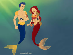 Size: 820x620 | Tagged: safe, artist:azaleasdolls, artist:igugkfcdku, imported from derpibooru, flash sentry, sunset shimmer, oc, mermaid, merman, equestria girls, crossover, family, female, flashimmer, male, mermaid maker, mermaid tail, mermaidized, mermanized, offspring, parent:flash sentry, parent:sunset shimmer, parents:flashimmer, shipping, species swap, straight, the little mermaid