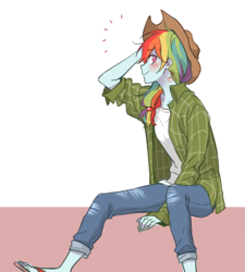 Size: 900x1000 | Tagged: safe, artist:dcon, imported from derpibooru, rainbow dash, human, equestria girls, applejack's hat, clothes swap, cowboy hat, female, hat, implied appledash, implied applejack, implied lesbian, implied shipping, simple background, solo