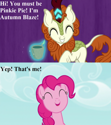 Size: 800x900 | Tagged: safe, edit, edited screencap, imported from derpibooru, screencap, autumn blaze, pinkie pie, kirin, party pooped, sounds of silence, awwtumn blaze, comic, cute, dialogue, diapinkes, food, magic aura, screencap comic, tea