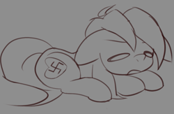 Size: 787x513 | Tagged: safe, artist:an-m, imported from derpibooru, oc, oc:aryanne, pony, annoyed, aryan, aryan pony, blonde, earth, female, floor, frown, lineart, lying down, nazi, nazipone, on, sad, sketch, swastika