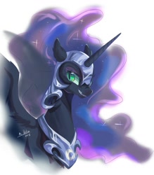 Size: 1120x1280 | Tagged: safe, artist:mrdelta1, imported from derpibooru, nightmare moon, alicorn, pony, ear fluff, ethereal mane, female, helmet, mare, peytral, simple background, solo, starry mane, white background