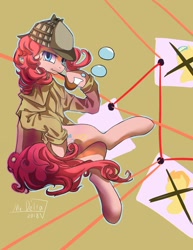 Size: 990x1280 | Tagged: safe, artist:mrdelta1, imported from derpibooru, pinkie pie, earth pony, pony, bubble, clothes, cute, deerstalker, detective, diapinkes, female, hat, mare, pipe, sherlock holmes, sherlock pie, solo