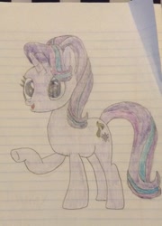 Size: 1189x1647 | Tagged: safe, artist:mr.myoozik, artist:myoozik, derpibooru exclusive, imported from derpibooru, starlight glimmer, pony, unicorn, blue eyes, cutie mark, eyelashes, female, hair flip, horn, lined paper, mare, open mouth, photo, smiling, starlight glimmer day, traditional art