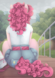 Size: 3507x4960 | Tagged: safe, artist:kikirdcz, imported from derpibooru, pinkie pie, anthro, earth pony, absurd resolution, balloonbutt, butt, clothes, facing away, female, implied tail hole, mare, plot, rear view, sitting, tree