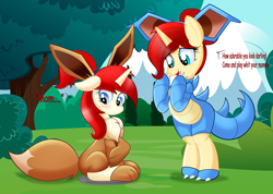 Size: 5000x3568 | Tagged: safe, artist:rainbownspeedash, imported from derpibooru, oc, oc only, oc:golden brooch, oc:silver draw, eevee, nidoqueen, pony, bipedal, clothes, cosplay, costume, dialogue, female, mother and daughter, pokémon, sitting