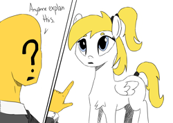 Size: 4092x2893 | Tagged: safe, artist:anonymous, imported from derpibooru, oc, oc:anonymous, oc:luftkrieg, /mlpol/, anonymous, aryan, aryan pony, asking, blonde, chest fluff, comic, cute, female, filly, food, looking, nazipone, orange, pointing, question, text