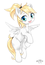 Size: 1034x1504 | Tagged: safe, artist:aquoquoo, imported from derpibooru, oc, oc:luftkrieg, pegasus, pony, anime, aryan, aryan pony, blonde, blushing, cute, feather, female, filly, flying, luftkriebetes, nazipone, smiling, thick, wings