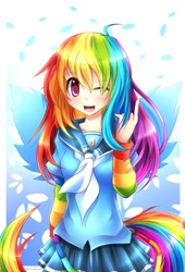 Size: 1060x1562 | Tagged: safe, artist:fenrixion, imported from derpibooru, rainbow dash, human, anime, blushing, clothes, colored pupils, cute, dashabetes, female, happy, humanized, moe, multicolored hair, one eye closed, pixiv, pleated skirt, skirt, smiling, solo, tailed humanization, uniform, winged humanization, wings, wink