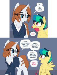 Size: 1892x2465 | Tagged: safe, artist:shinodage, imported from derpibooru, oc, oc only, oc:apogee, oc:diamond gavel, pegasus, pony, unicorn, brush, clothes, comic, cute, diageetes, dialogue, eye clipping through hair, female, filly, freckles, glasses, heck, looking at each other, mare, mouth hold, ocbetes, open mouth, speech bubble, suit, weapons-grade cute