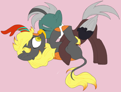Size: 2422x1833 | Tagged: safe, artist:cuymmmmm, imported from derpibooru, oc, oc only, oc:duk, oc:electra pleiades, duck, duck pony, kirin, ponyfinder, cute, dungeons and dragons, kissing, lashtada be praised, pathfinder, pen and paper rpg, rpg, shipping, surprised, ych result