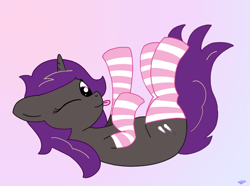 Size: 1504x1117 | Tagged: safe, artist:dafiltafish, imported from derpibooru, oc, oc only, oc:stardust, pony, unicorn, clothes, socks, solo, striped socks, tongue out