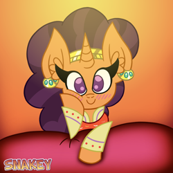 Size: 768x768 | Tagged: safe, artist:snakeythingy, imported from derpibooru, saffron masala, pony, unicorn, blushing, chef, chef horse, cute, ear piercing, earring, female, jewelry, looking at you, mare, piercing, saffronbetes, smiling, solo, staring contest