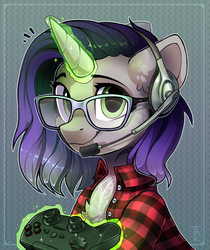 Size: 2145x2551 | Tagged: safe, artist:trickate, imported from derpibooru, oc, oc only, oc:moonsonat, pony, unicorn, chest fluff, clothes, commission, controller, female, gamer, glasses, headset, high res, levitation, looking at you, magic, mare, smiling, solo, telekinesis